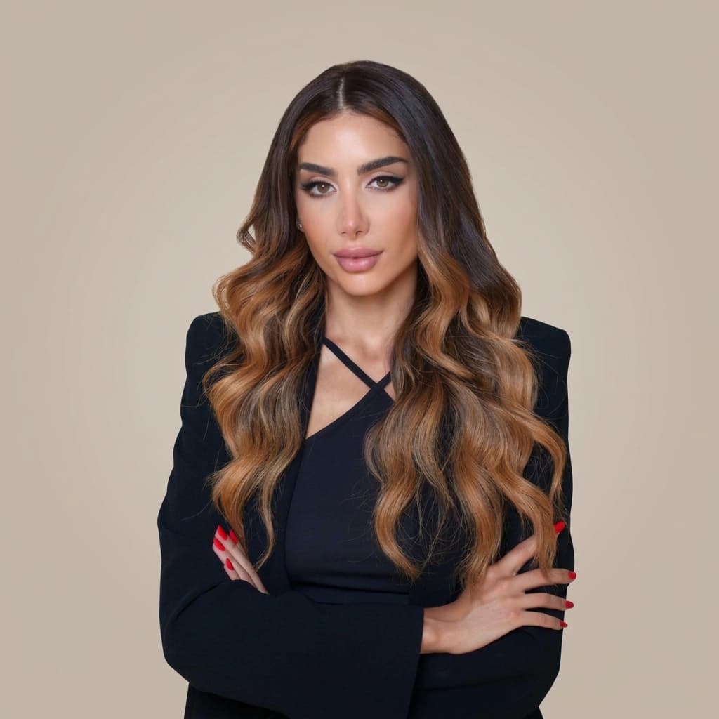 Amira Bechini, fondatrice di Amira Beauty Suite, ritratta a braccia conserte su fondo beige